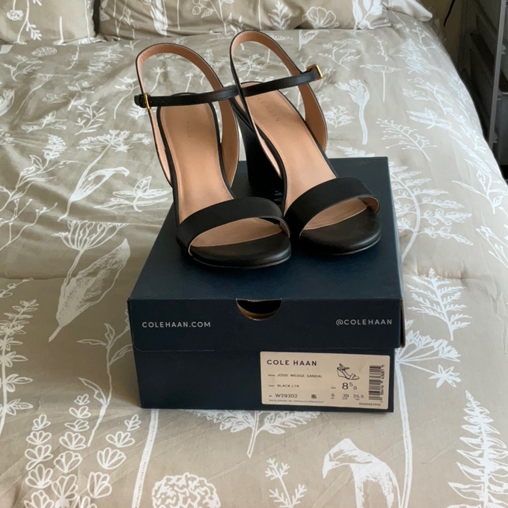 Cole Haan Black Leather Wedge Heels with Ankle Strap